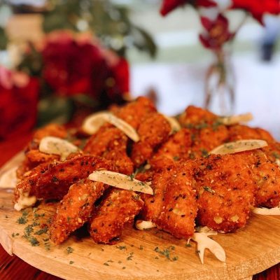 lightly fried chicken in seeded crumb